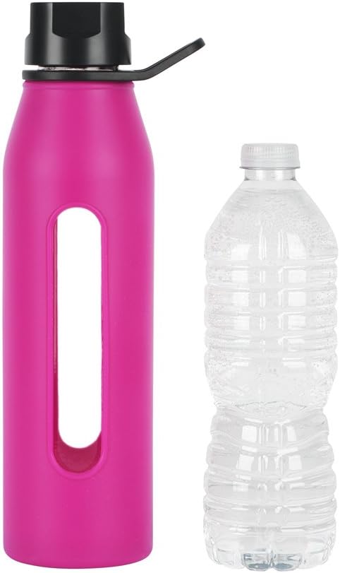 Takeya 22 Ounce Classic Glass Water Bottle with Silicone Sleeve and Twist Cap, Fuchsia