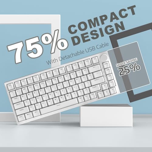 YINDIAO AK820 Mechanical Keyboard with CNC Knob Control,75% ANSI Layout,81Keys Gasket Mount Wired Gaming Keyboard,5 Sound Absorbing Foam,Hot-swap Blue Switch,Blue Backlit,for PC,MAC (White) - Image 6