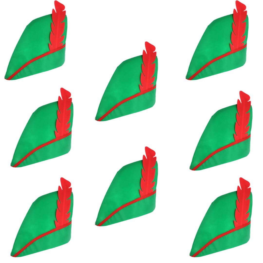 labreeze Robin Hood Hat (Adult) – Set of 8 – Classic Green Archer Hats with Feather for Group Costumes, Fancy Dress, and Themed Parties