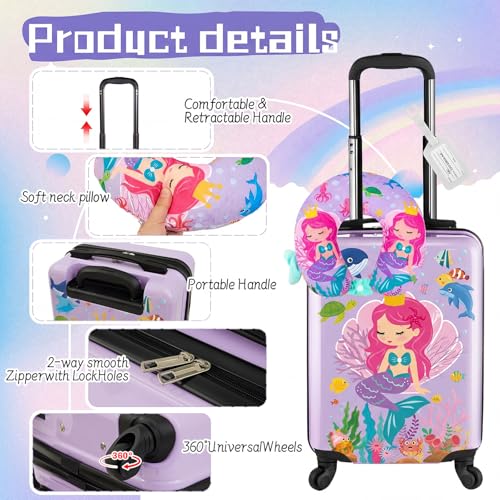 Sanwuta 4 Pcs Kids Luggage Set Carry On Rolling Suitcase Backpack Neck Pillow Travel Set Gift for Girls Boys Summer Camp(17 Inch,Mermaid Style,Purple) by Sanwuta - Image 5