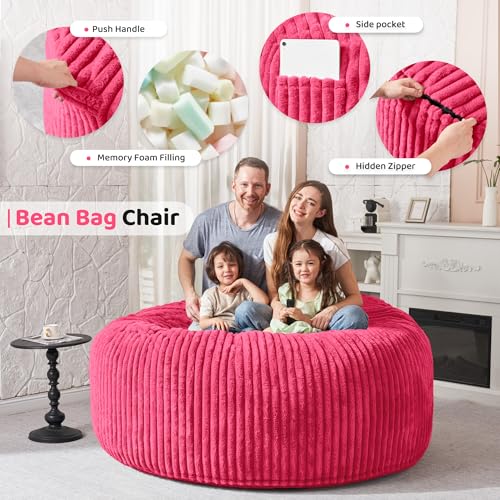 Image of HABUTWAY 6FT Bean Bag Chair, 6' Large Bean Bag Chairs for Adults with Removable Stripe Plush Cover, Memory Foam Beanbag Chair for Living Room Bedroom Dorm,Pink