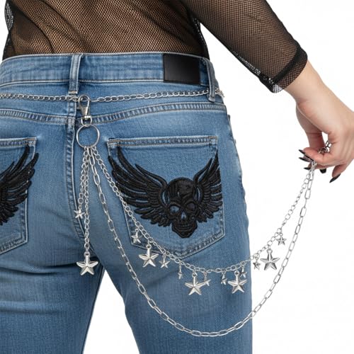Stern Hosenkette Punk Kettengürtel Pants Chains, Gothic Stars Jeanskette Waistband Herren Y2K Accessoire, Vintage Doppellagige Hosenkette Hip Hop Jeans Hosen Kette Chain für Herren Damen