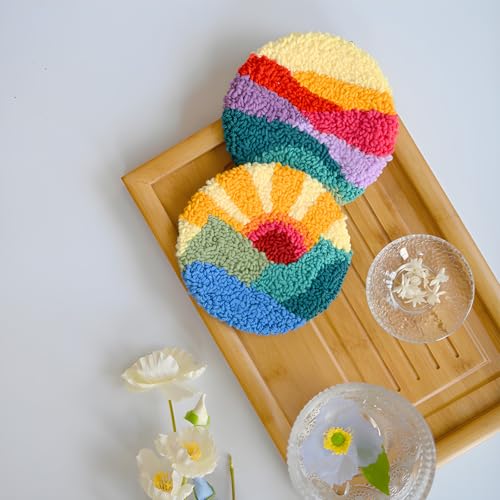 Image of Punch Needle Coasters Kit for Beginners Adults Easy Needle Punch Embroidery Kit Set Threader Instruction Fabric Hoop Yarn Tufting Coaster DIY Making,Coaster Holder Coaster Art Craft Supplies