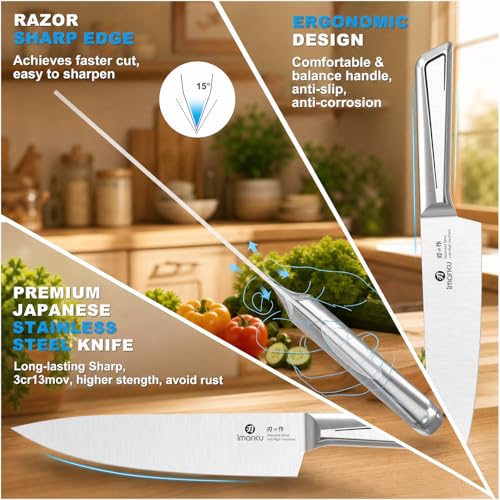Image of imarku 14-Piece Knife Set with Block, One Set for Meat, Fish, Veggies & Bread, Glides Through Every Cut, High Carbon Stainless Steel with Built-in Sharpener, Dishwasher Safe, utility knives