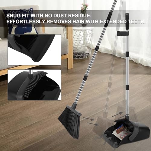 Image of Broom and Dustpan Set, Heavy Duty Large Household Broom with Dustpan Combo Set, 55 inch Long Handle Black Dust Pan Kit for Kitchen Lobby Indoor Outdoor
