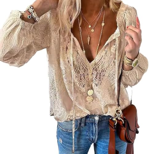 Pinclodly Lace Long Sleeve Tops for Women Tie...