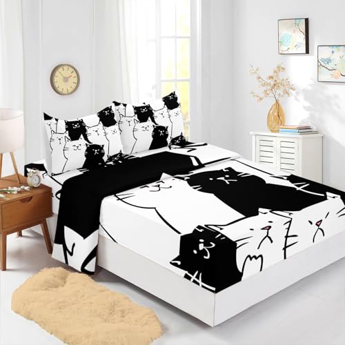 XYNHML Kids Cartoon Cat Sheet 4Pcs Full Black and White Kitten Sheet Cute Pet Cat Bedding Set for Teen Kid Boy Girl Adult Kawaii Line Cat Bedspread with 1 Flat Sheet and 1 Fitted Sheet+2 Pillowcases