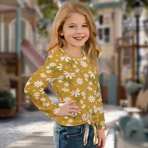 Xoenoiee Girls Long Sleeve Shirt 5-12 Kids Crewneck Fall T-Shirts Trendy 3D Graphic Tie-Hem Cute Tees3