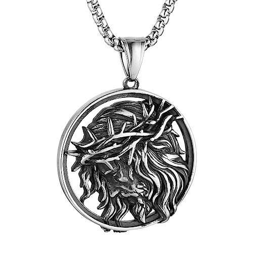 HZMAN Mens Stainless Steel Crown of Thorns Head of Jesus