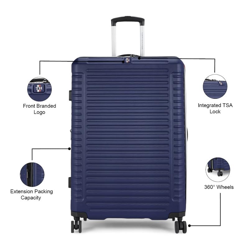 Image of TOMMY HILFIGER Medium Hard Luggage Hummer X - Navy | Check-in Trolley Bag with TSA Lock | 360 Spinner Double Wheels | Telescopic Handle | Polycarbonate Shell Suitcase | 66.5cm | 77L Capacity