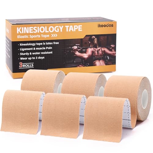 Cinta Kinesiologica Kinesiotape, Vendaje Neuromuscular Calidad de Algodón, Kinesiology Tape Elástica Para Deportes, Alivio del Dolor Muscular y Soporte Articular 5cm x 5m (3 Rollos) (Beige)