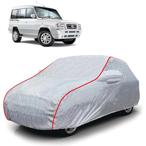 Image of Sulfar 100% Waterproof Car Body Cover Compatible with Mirror for Tata Sumo Gold (Triple Stitched, Full Bottom Elastic, Magic Silver with Red Piping)