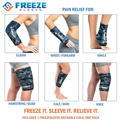 Image of FreezeSleeve Ice & Heat Therapy Sleeve- Reusable, Flexible Gel Hot /Cold Pack, 360 Coverage for Knee, Elbow, Ankle, Wrist- Blue Camo, Large