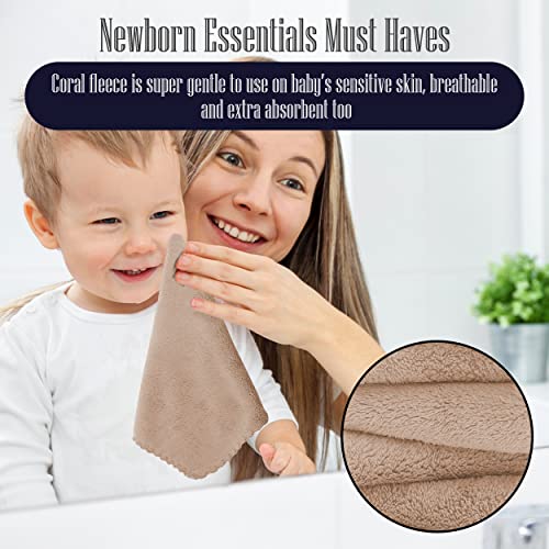 Image of 16 Pack Baby Washcloths - 10x10 Inch, Coral Fleece - Extra Absorbent and Soft Wash Clothes for Newborns, Infants and Toddlers - Suitable for Sensitive Skin and New Born - Baby Shower - Brown
