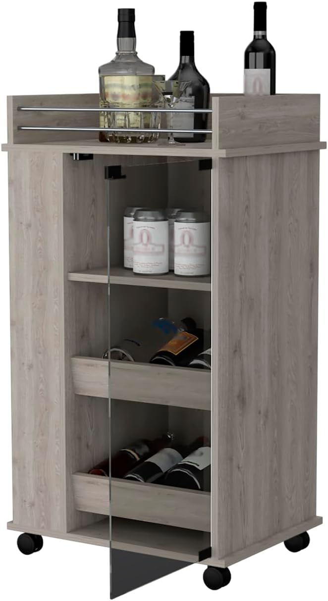 Lusk Cart with 2-Bottle Holder Shelf, Glass Door and Casters Light Gray Engineered Wood Smooth-Rolling for Easy Mobility Multifunctional Use