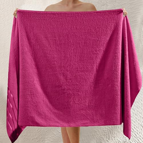 Image of Elegant Comfort 100% Turkish Cotton 4 Lines Viscose Stripe Jumbo Bath Towel - Hotel Spa Quality Extra Large 35 x 70 Inch Bath Towel Ultra Soft, Super Absorbent Quick Dry Large Bath Towel, Hot Pink