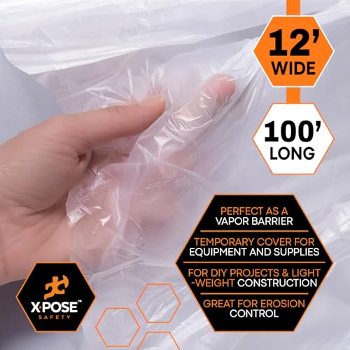 Image of Xpose Safety Clear Plastic Sheeting - 12' x 100' Roll - Heavy Duty 4 Mil Poly Sheet - Waterproof, Dustproof, Vapor Barrier - for Construction, Painting, Industrial Use