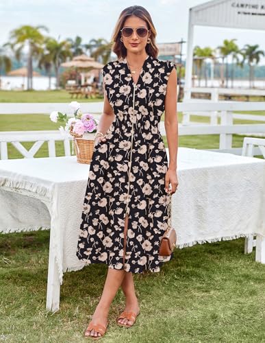 Image of GRACE KARIN Womens Summer Casual Dress, Business Office Work Flowy Dresses | Cap Sleeve, Zipper Front, V Neck, Smocked Waist, Knee Length, Sleeveless, High Waist, Flowy Work,Causal, Midi