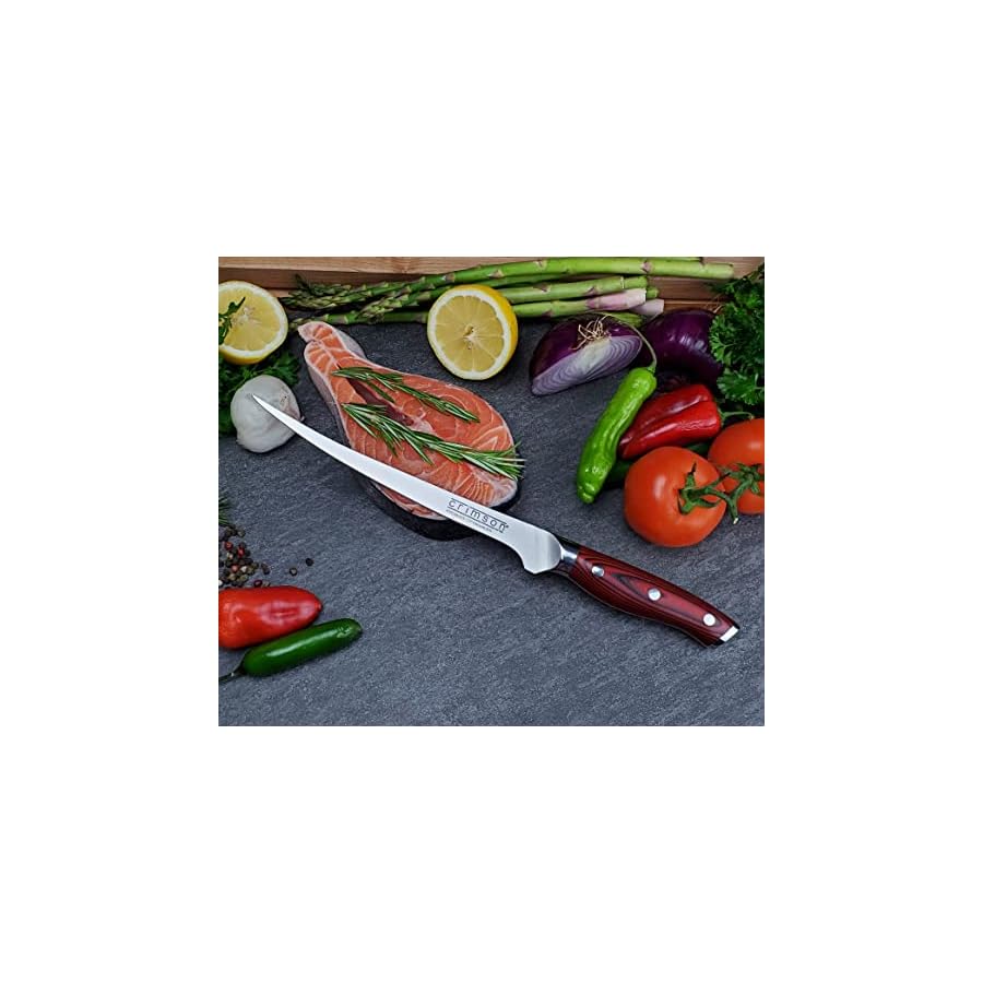 Ergo Chef CRIMSON Series Bamboo Block Knife Set Forged High Carbon X50CrMoV15 German Stainless-Steel, Full Tang, Durable G10 Handles (10pc. Block Set)