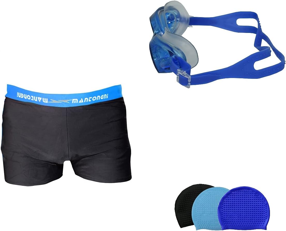 I-SWIM MENS COSTUME IS-5508 BLACK ROYAL MANTONGNI WITH POCKET SIZE FREE SIZE WITH GOGGLES SILICON JOINTLESS WITH BOX BLUE AND 100% SILICONE SWIMMING CAP BIG DIMPLE BLUE