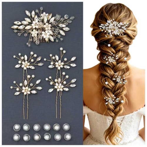inSowni 17 Pieces Gold Metal Rhinestone Pearl Wedding Bridal Hair Side Comb Slides+U-shaped Flower Hair Pins+Pearl Twist Spiral Hairpins for Brides Bridesmaids Women Girls