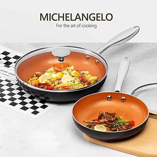 Image of MICHELANGELO Copper Frying Pan Set with Lid, 8 inch & 10 inch Frying Pan Set, Nonstick Frying Pan Set, Copper Pans with Lid, Nonstick Skillets with Lid, Ceramic Fry Pan with Lid, 8 inch & 10 inch