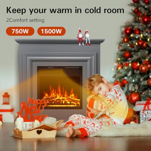 R.W.FLAME 36‘’ Electric Fireplace Wood Mantel,Grey Freestanding Fireplace Wood Mantel with Log & Remote Control,Fireplace TV Stand Home Space Heather, Adjustable Led Flame,750W/1500W - Thumbnail 4