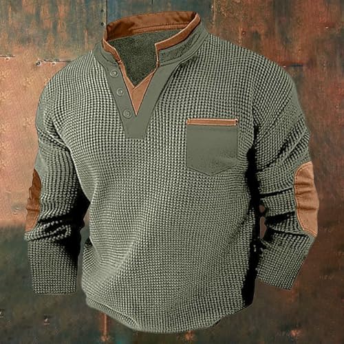 Men's Waffle Sweatshirt Casual Knit Pullover Stylish Cozy Button V Neck Long Sleeve Henley Shirts with Elbow Patches2