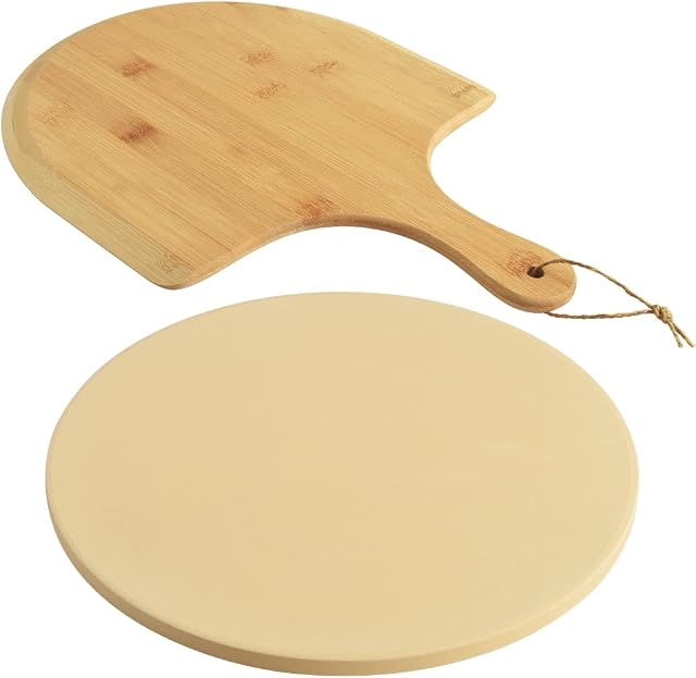homEdge Zestaw kamieni do pizzy, wytrzymały, okrągły kordieryt, kamień do pieczenia chleba, pizzy, odporny na wstrząsy termiczne, kamień do gotowania z bambusowym wiosłem do pizzy, średnica 25 cm