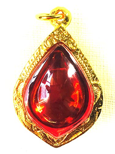 Red Naga Eye Stone Charm Pendant with Gold Case Lucky Amulet