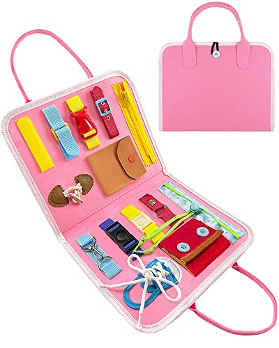Product Image of the Exorany Busy Board Montessori Toys for Toddlers Sensory Toys Gifts for Toddler Girls & Boys Preschool Toddler Activities Educational Travel Toy Learning Basic Dress Skills (Pink)