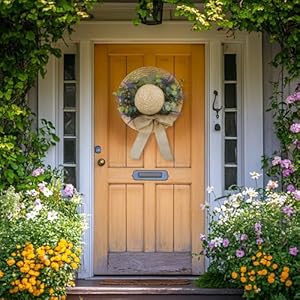 Dilicoming Spring Eucalyptus Wreaths for Front Door 16 Inch Summer Fall Straw Hat Wreath with Neutral Bow Indoor Outdoor Wreaths for Wall Window Farmhouse Party Easter Holiday Home Decor