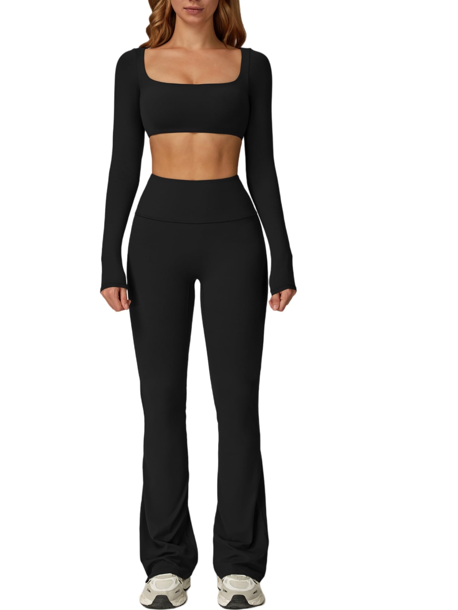 ABOCIW Workout Sets for Women 2 Piece Square Neck Long Sleeve Crop Tops High Waist Flared Leggings Gym Sets