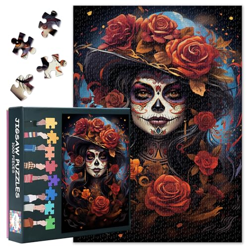 Image of 1000 Pieces Woman in a Hat with Floral on Her Head Jigsaw Puzzles Sugar Skull Girl with Flowers Challenging Funny Puzzles for Adults Family Stress-Relieving Jigsaw Puzzle Game as Gift 27.5"X19.7"