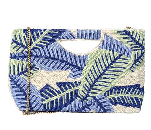 BTC Beaded Half Moon Clutch, Tropical Leaf Pattern, Blue and Mint with Chain Strap