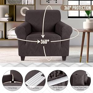 Ruaozz Stretch Chair Sofa Slipcover 1 Piece Chair Cover with Arms Non Slip Armchair Cover Soft Jacquard Furniture Protector with 1 pcs Throw Pillow Cover 1 Seater Chocolate