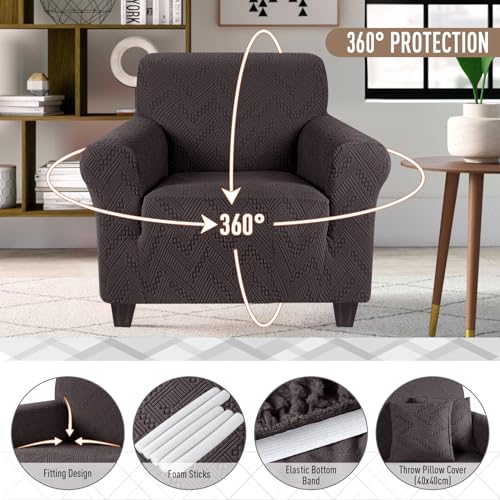 Ruaozz-Stretch-Chair-Sofa-Slipcover-1-Piece-Chair-Cover-with-Arms-Non-Slip-Armchair-Cover-Soft-Jacquard-Furniture-Protector-with-1-pcs-Throw-Pillow-Cover-1-Seater-Chocolate Ruaozz Stretch Chair Sofa Slipcover 1 Piece Chair Cover with Arms Non Slip Armchair Cover Soft Jacquard Furniture Protector with 1 pcs Throw Pillow Cover 1 Seater Chocolate