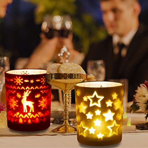 Rancco Tealight Candle Holders For Christmas, 3 Color Indoor Xmas Decor Tea Light Candle Jar For Centerpieces & Party Decoration, Votive Candle Holders W/ Elk, Christmas Tree, Stars Designs,3.3X2.6In #TOP2
