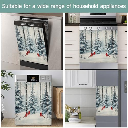 Image of Dishwasher Magnets Decorative Cover,Winter Pine Forest Refrigerator Magnet Cover,Washable Red Cardinal Dishwasher Front Panel Cover Home Kitchen Decoration 23x26 Inch