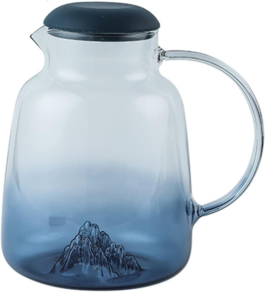 kettles Gradient Blue Glass Pitcher Jug Bottom with Iceberg Design Large Capacity Glass Carafe with Silicone Lid Household Water Jug canteen