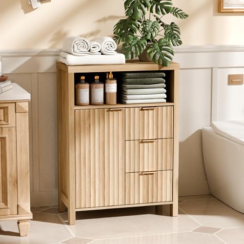 Bonnlo Meuble de Rangement, Armoire de Rangement en Bois avec 1 Compartiment Ouvert, Meuble sur Pied avec 4 Tiroirs, Commode pour Cuisine, Entrée, Salle de...