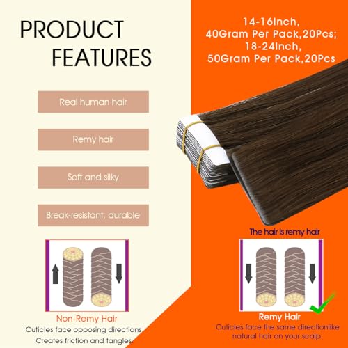 Image of Full Shine Injected Tape in Hair Extensions Human Hair,4 Medium Natural Brown,22Inch 50G 20Pcs,Seamless Invisible Skin Weft Hair Extensions for Daily Wear,Thick End,Natural Finish