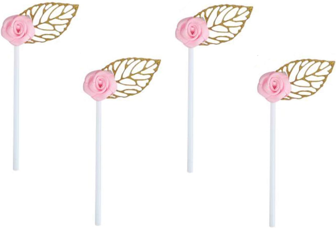 24 Pack of Glitter Gold Leaf Cupcake Toppers with Pink Rose Flower for Birthday Party Baby Shower Wedding Bridal Shower Cake Decoration