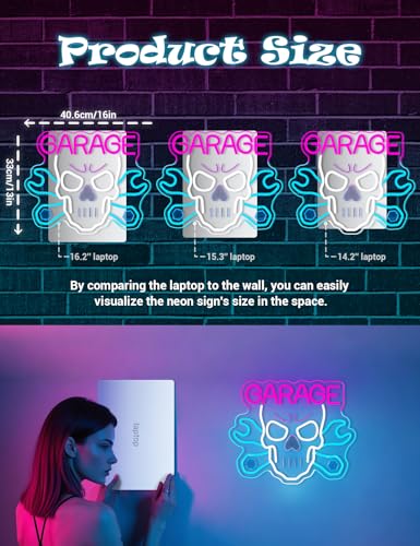 Image of Garage Neon Sign for Wall Decor, Skull Car Service LED Light Neon Signs with USB Dimmable Powered for Auto Repair Shop, Workshop Gift for Father(White Skull)