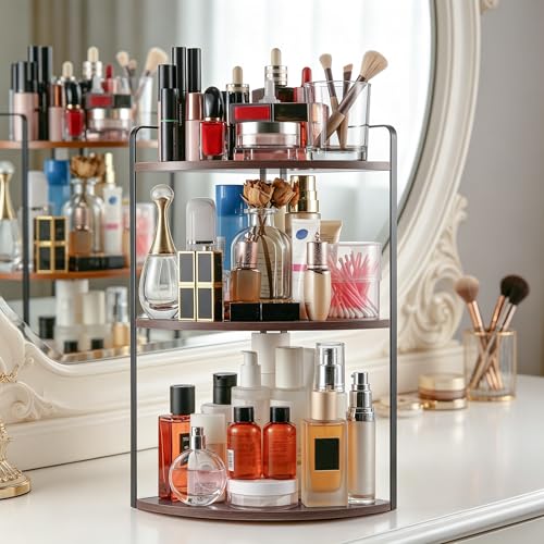 Image of 3 Tier Corner Bathroom Counter Organizer, Countertop Organizer, Makeup Organizer Countertop, Bathroom Storage Sink Shelf, Wooden and Metal Counter Shelf (Gray Brown)