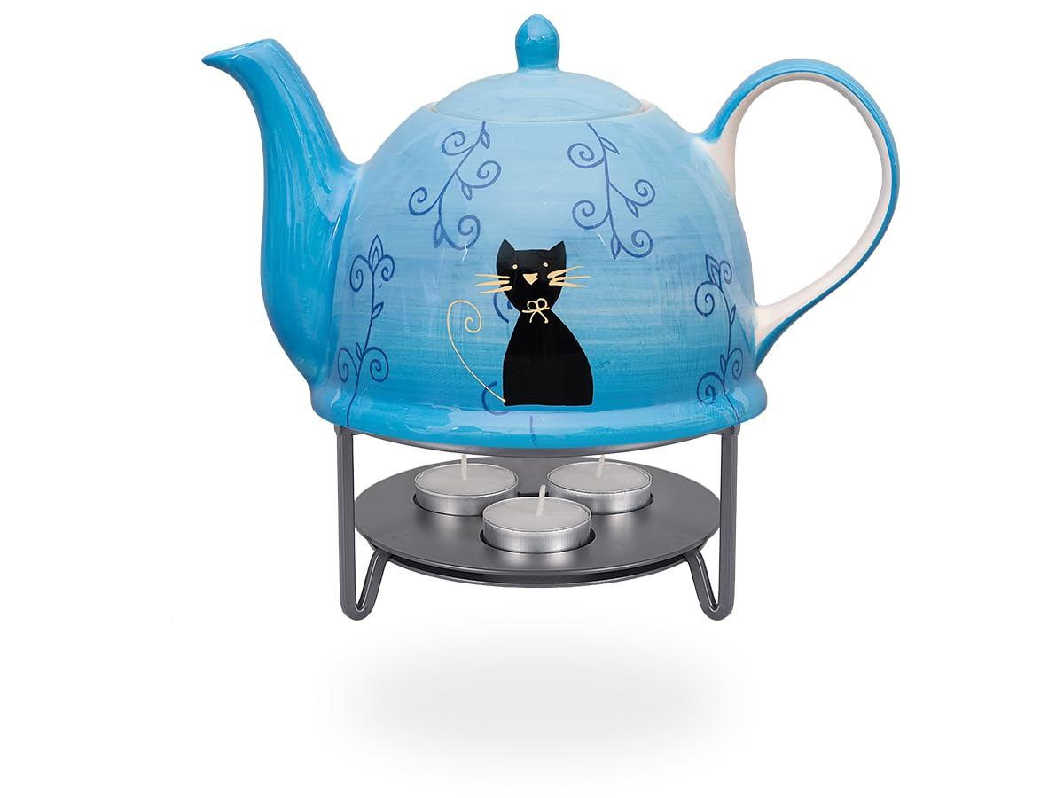 Teekanne 1,5l aus Keramik mit Stövchen aus Metall für 1-3 Kerzen, Blau mit schwarzer Katze, Geschenkidee für Katzenliebhaber, handbemalt