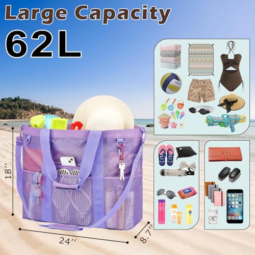 Image of Fammart Mesh Beach Bag for Women, Large Beach Toy Pool Bag with Zipper Pocket, SandProof Cruise Essentials 2026 Family Travel