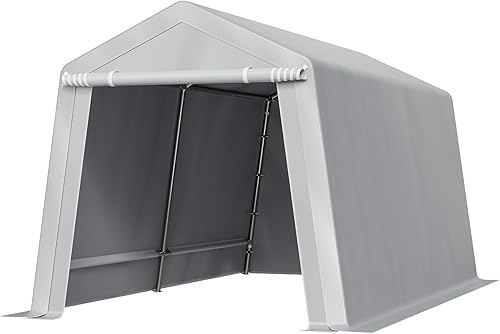 Vista 113 de VEVOR - Cobertizo portátil de almacenamiento exterior de 6 x 8 x 7 pies, refugio resistente e impermeable con puerta enrollable con cremallera y Gris