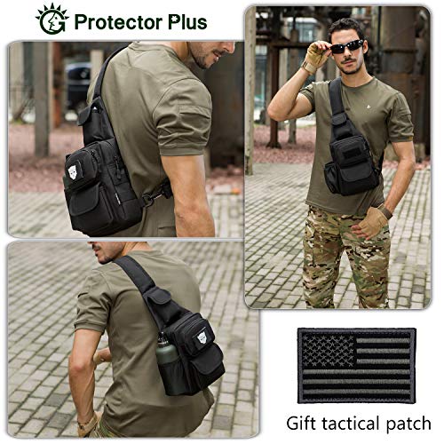 Protector Plus Tactical Sling Bag Military Molle Crossbody Pack Chest Shoulder Backpack With Water Bottle Holder Pouch Edc Diaper Motorcycle Daypack (Patch Included), Black #TOP2