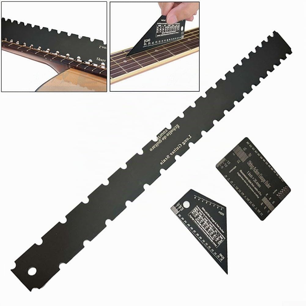 Kit d'entretien de guitare 4 pièces – Outils d'entretien de guitare avec outil de nivellement des frettes, jauge d'action des cordes, kit de nettoyage professionnel pour guitare électrique et